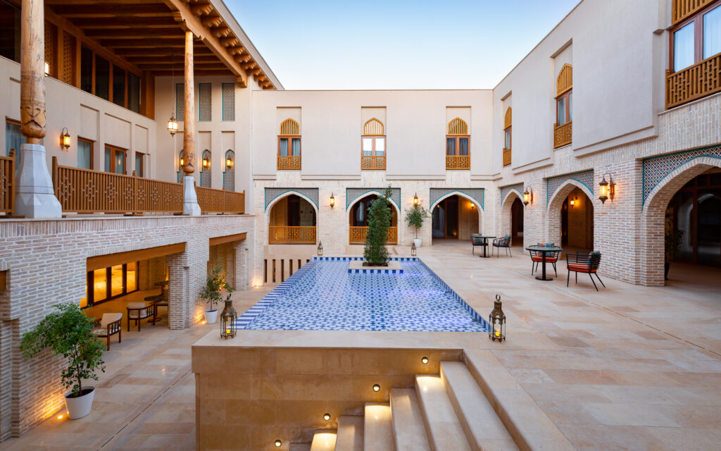 Traditional Uzbek guesthouse courtyard in Bukhara